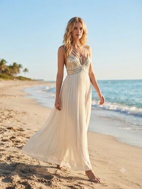 BDBA NWT Ivory & Gold Accents on Strappy Bodice Maxi Gown Size EU 38/ US 6